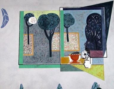 Blick durchs Fenster mit Landschaft von Charles Hindenlang, 1952