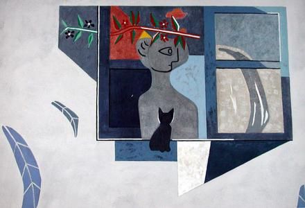Blick durchs Fenster mit Figuren und Katze von Charles Hindenlang, 1952